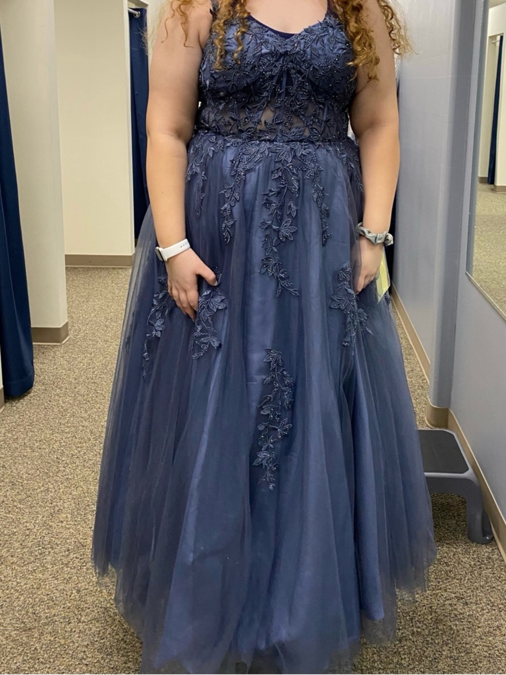 Blue lace corset prom dress